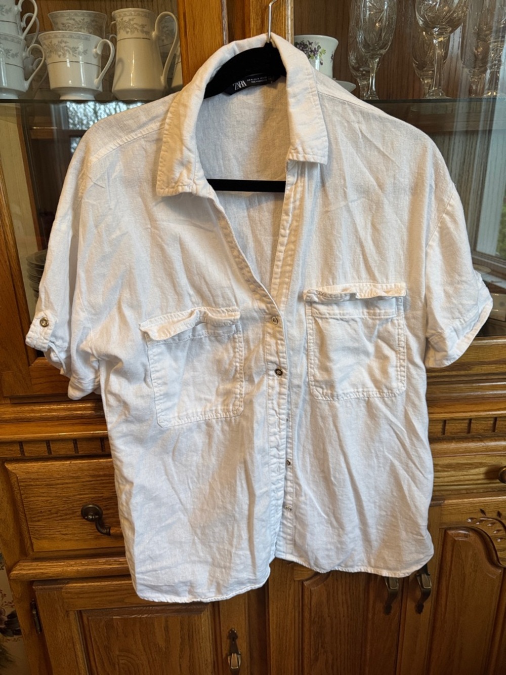 Zara Men's White Short-Sleeve Button-Down Pocket Shirt